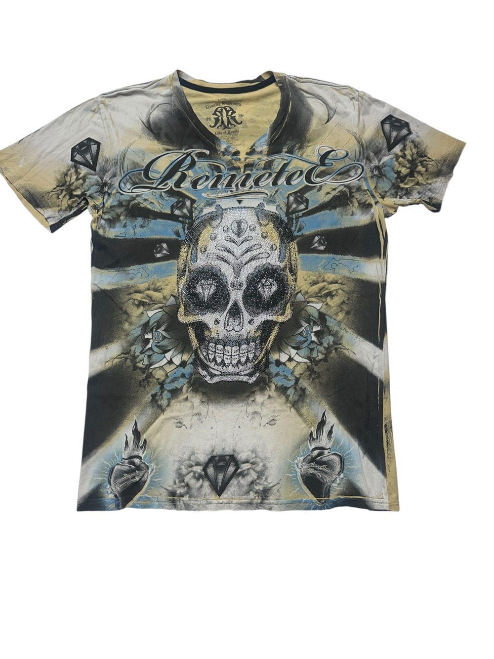 Y2K Remetee City of Angels Rhinestone Skull AOP V Neck Tee L